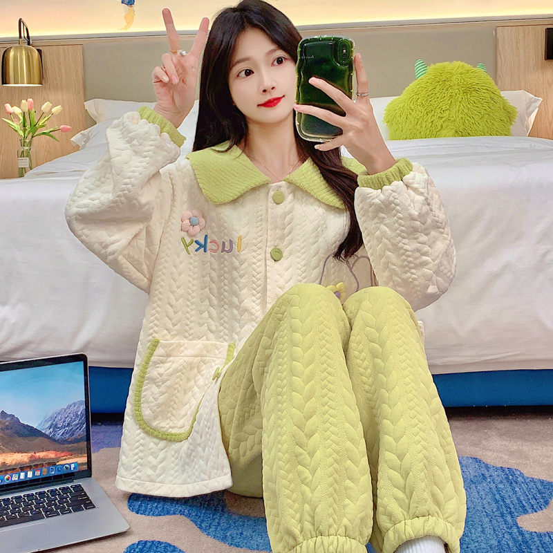 Autumn sandwich thickened casual lapel cardigan long-sleeved trousers pajamas women's suit home wear