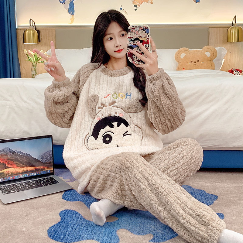 Winter Plush Cartoon Round Neck Long Sleeve Pajamas Women's Suit Casual Home Wear