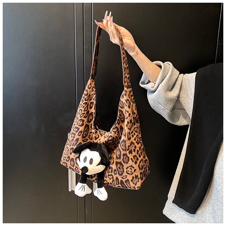 Autumn and winter popular leopard print large capacity bag for women 2024 new Mickey doll bag casual denim shoulder bag