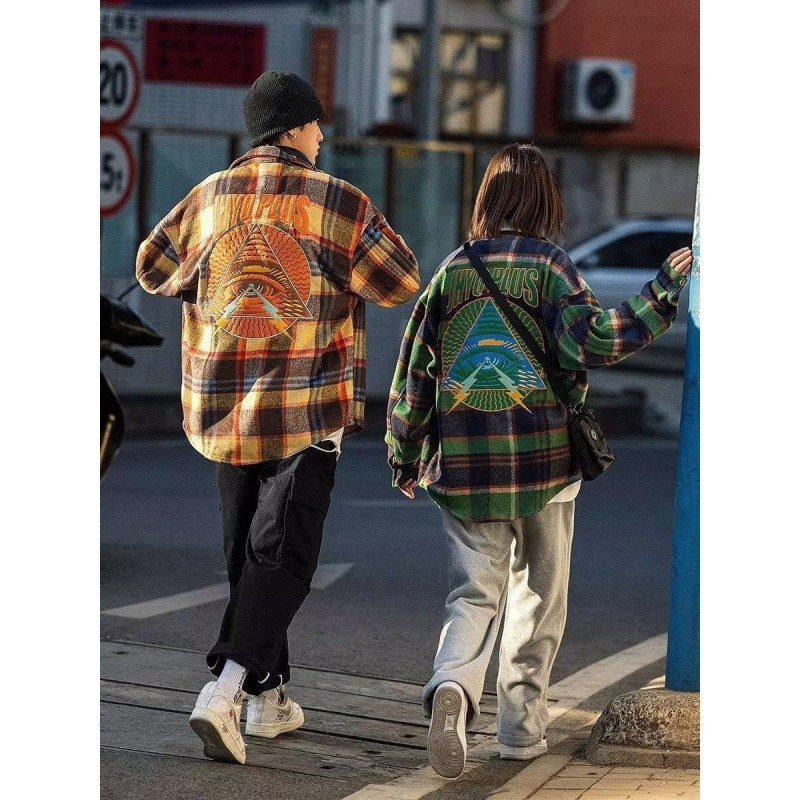 Japanese plaid shirt loose embroidered thick heavy shirt couple jacket trendy