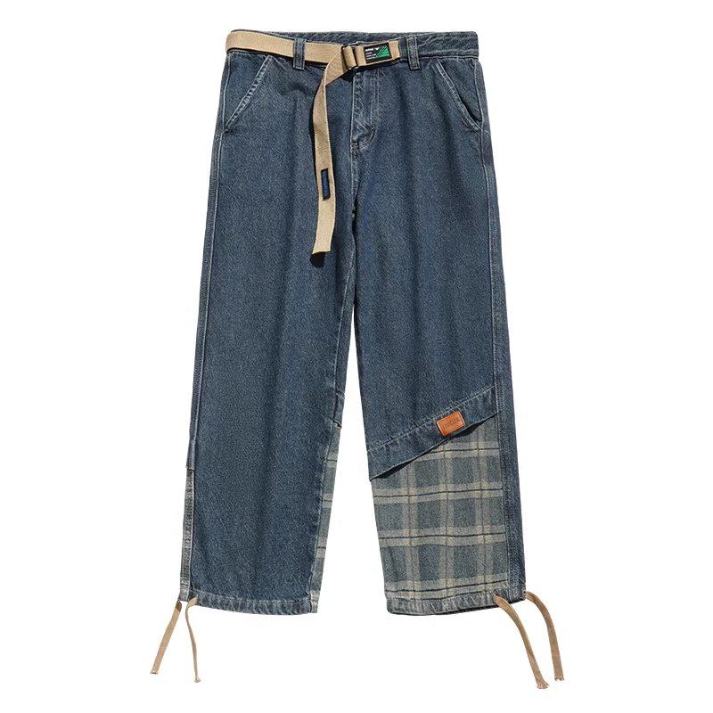 Spring and autumn American fashion brand plaid splicing fake two-piece jeans for men and women ins trend loose hip-hop leggings