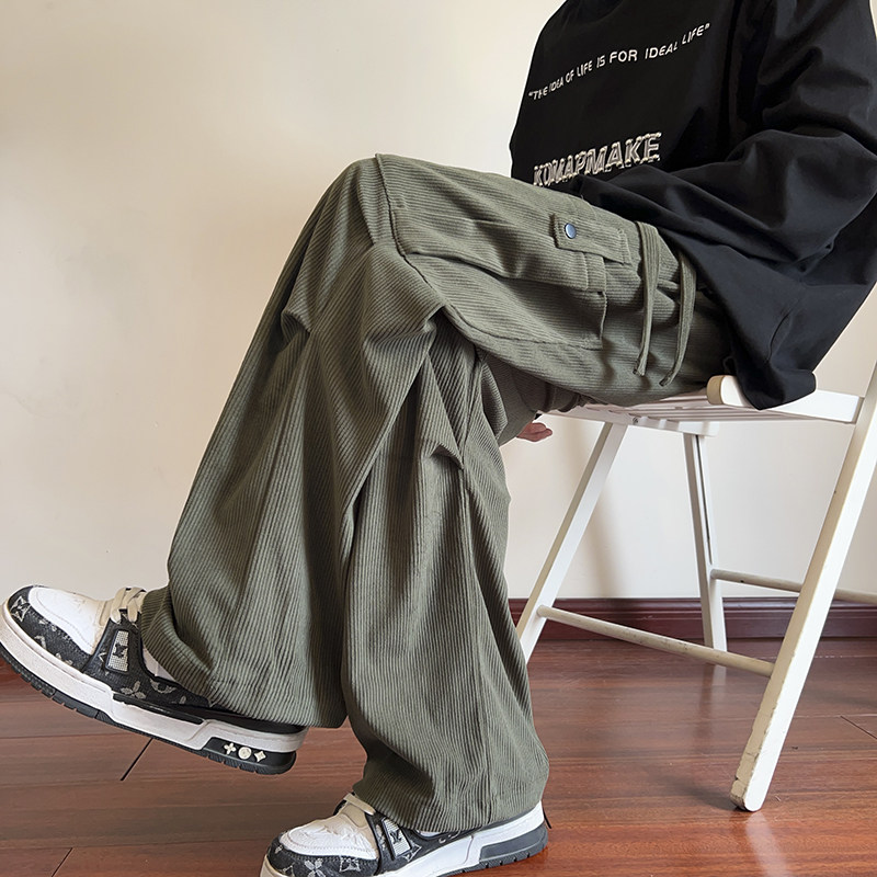 American retro corduroy straight casual pants for men in autumn oversize wide-leg overalls