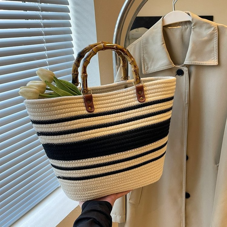 Temperament popular woven women's bag new fashion tote bag spliced ​​single shoulder large capacity bamboo handbag