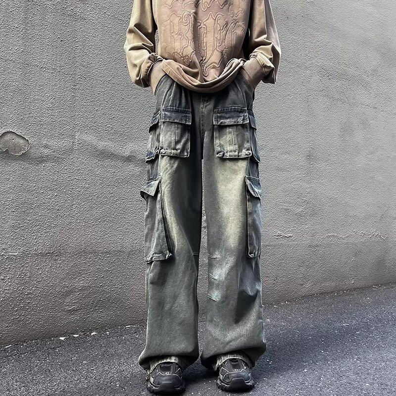 Multi-pocket cargo jeans for men, American retro trendy brand loose wide-leg pants with leggings