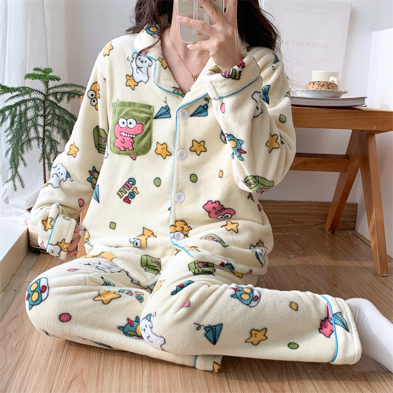 Girly Sweet Internet Celebrity Flannel Korean Style Pajamas Women's Autumn and Winter Thickened Cartoon Anime Coral Velvet Home Clothes