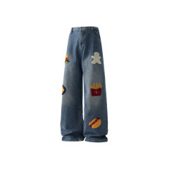 3D retro creative French fries hot dog towel embroidered jeans for men and women high street vibe straight loose wide leg trousers