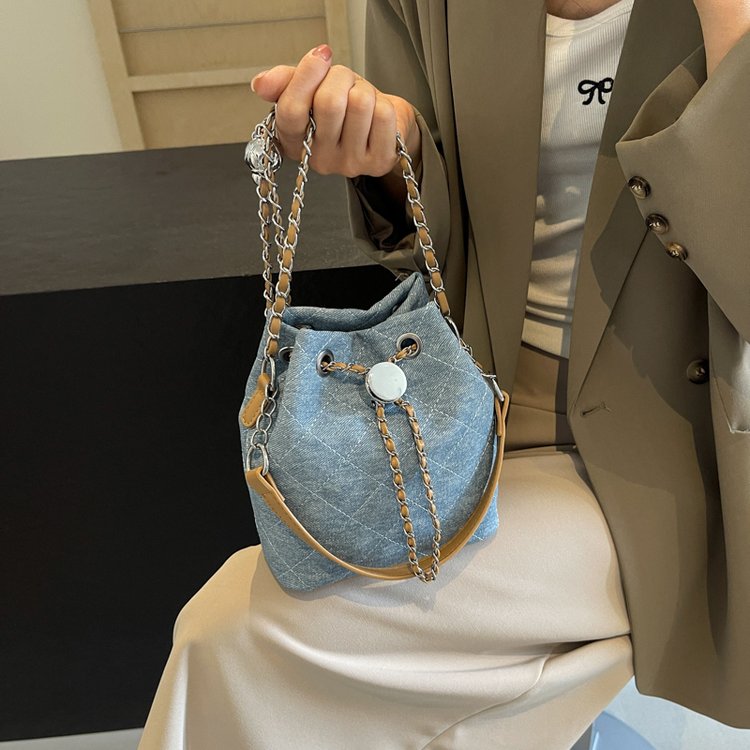 Diamond embroidered denim small bag for women 2024 new fashion versatile chain crossbody bag contrasting color bucket bag