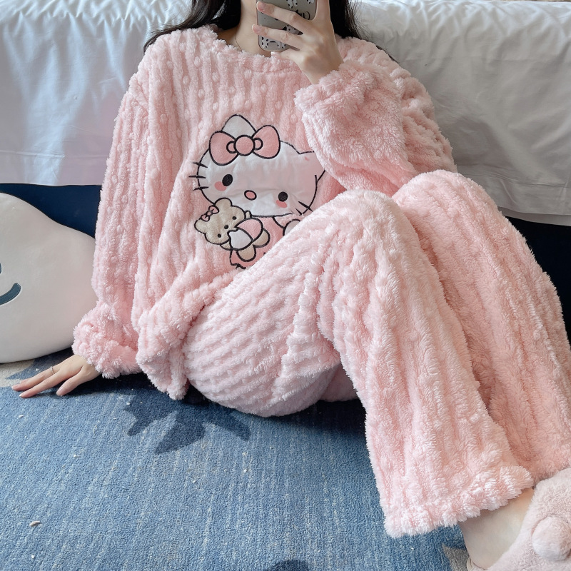 Coral velvet pajamas for women 2024 autumn and winter new style plus velvet thickened home clothes winter warm long-sleeved suit