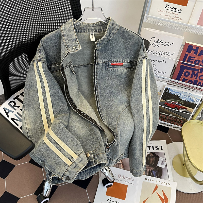 American retro denim jacket men's spring and autumn stand collar trendy casual loose workwear jacket