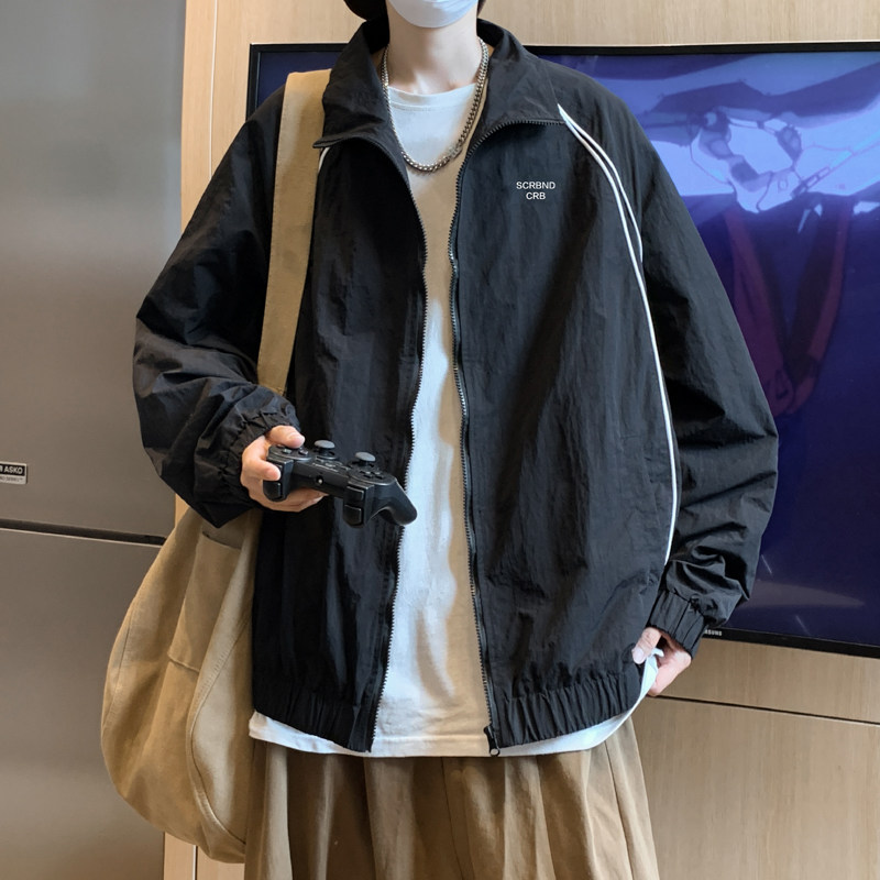 High-quality autumn men's stand-collar jacket, composite wrinkled striped splicing jacket
