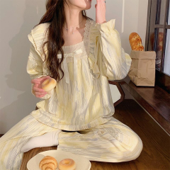 Pajamas for women long-sleeved spring and autumn sweet and cute princess style bubble cotton lace ins style home wear set