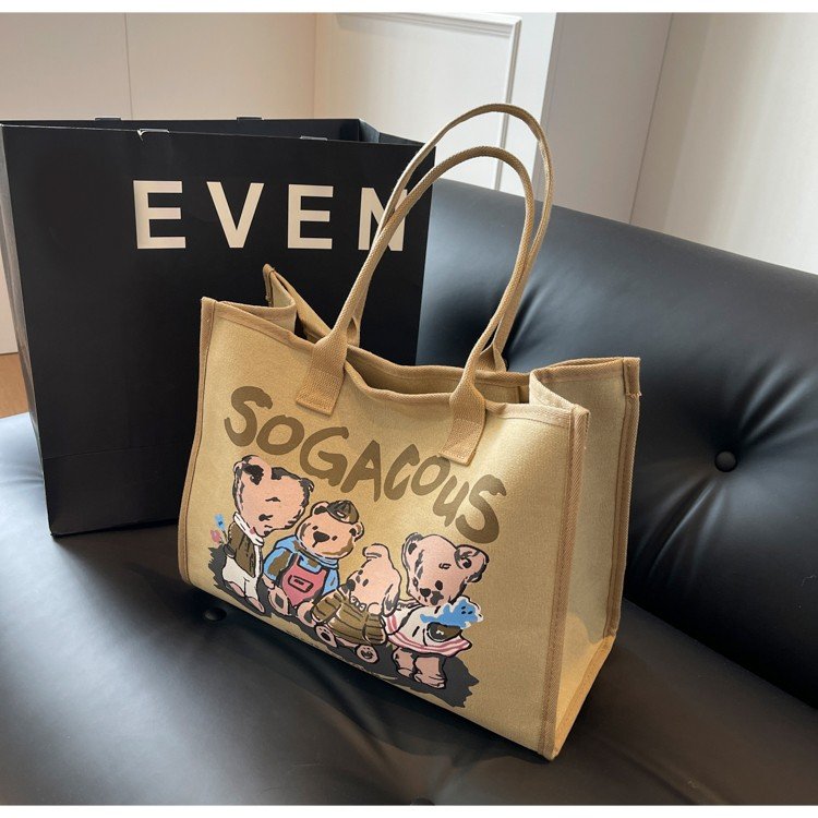 Bear Cute Canvas Tote Bag Women's Large Capacity Fashion Shoulder Bag Student Class Bag Travel Mommy Bag