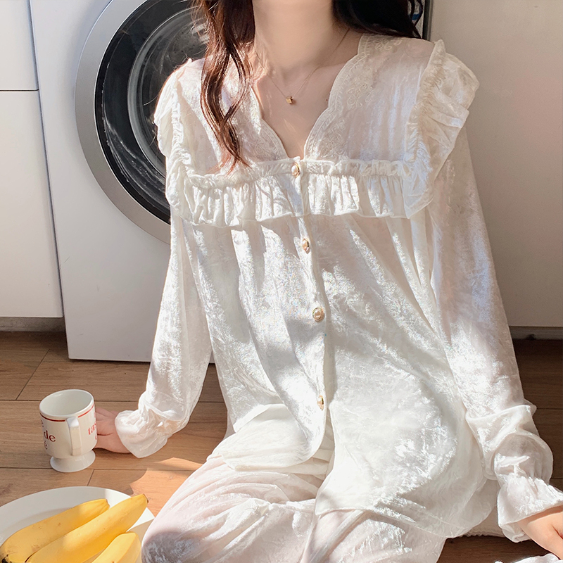 Autumn and winter pajamas for women gold velvet diamond velvet bestie wear light luxury high-end lace solid color