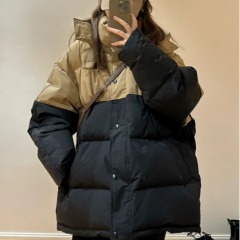 Korean style small contrast color bread coat and cotton coat for women in winter, lazy style, loose design, hooded down jacket