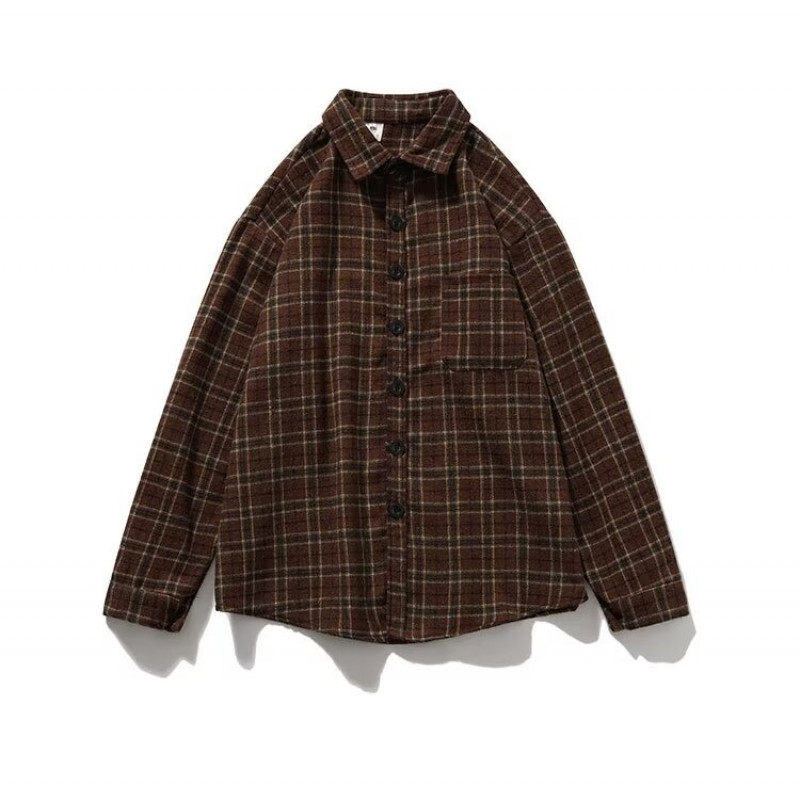 Spring and autumn Japanese retro plaid thickened long-sleeved shirts for boys and girls loose shirts and jackets are trendy~