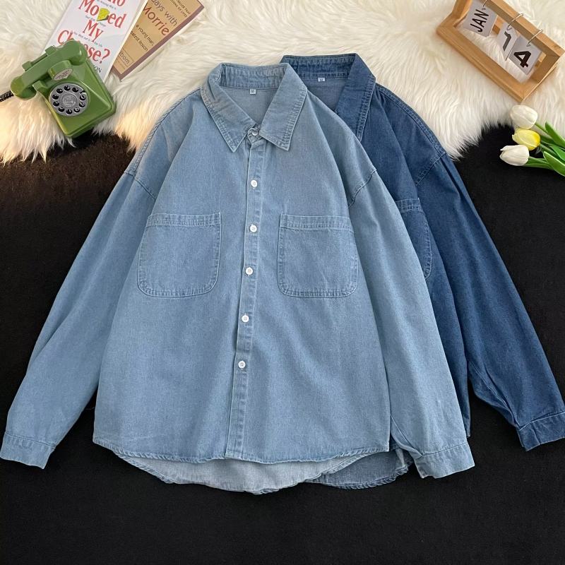 Japanese retro denim shirt men's long-sleeved autumn trendy shirt blue loose casual jacket versatile men's and women's clothing