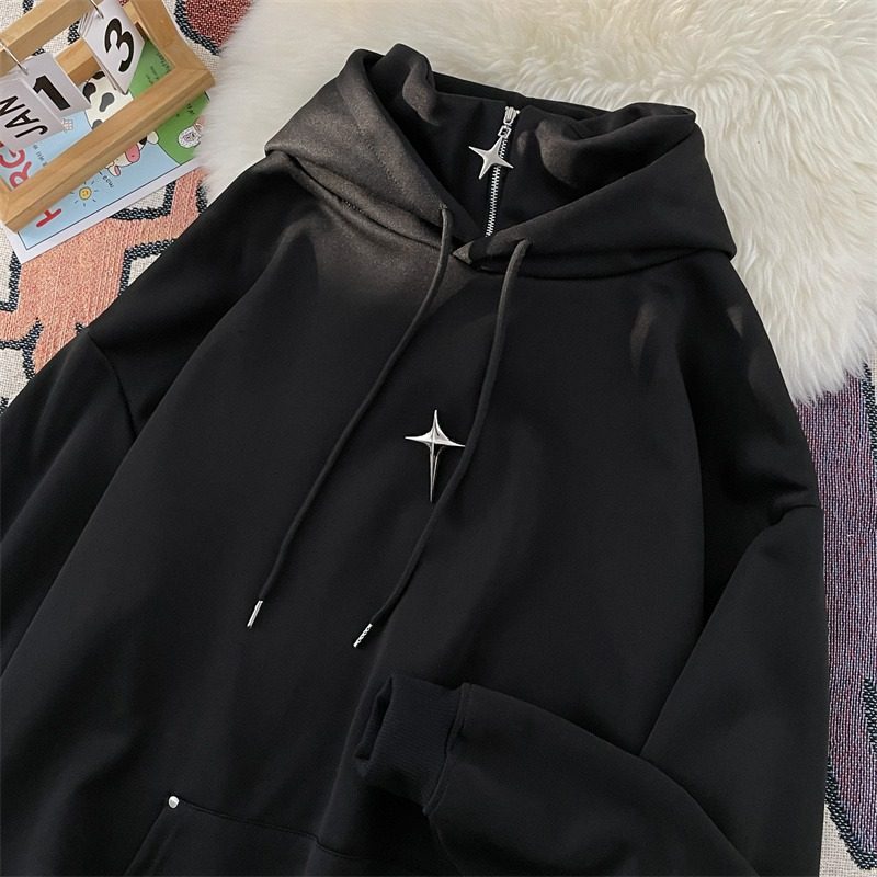 High collar hooded sweatshirt for men in autumn and winter American vibe high street design loose half zipper jacket