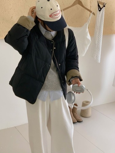 Down jacket for women 2024 winter Korean version contrasting color round neck small man jacket simple loose light warm jacket