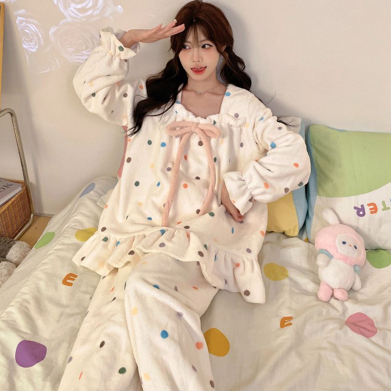 Winter new square collar cute flannel warm and thickened velvet long-sleeved trousers bow pajamas women's home clothes