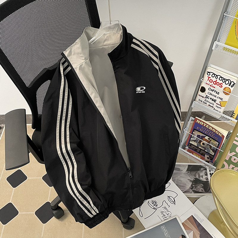 Autumn jacket long-sleeved square collar stand collar loose double-sided three-stripe jacket men's trendy new style