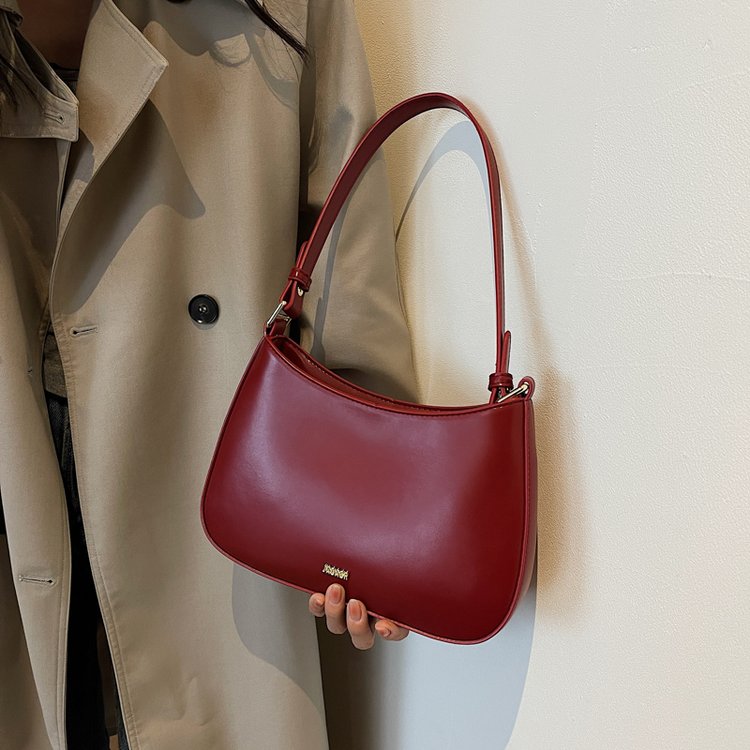 Fashionable armpit bag, retro burgundy wedding bridal bag, crossbody bag, cowhide bag, high-end baguette bag for women