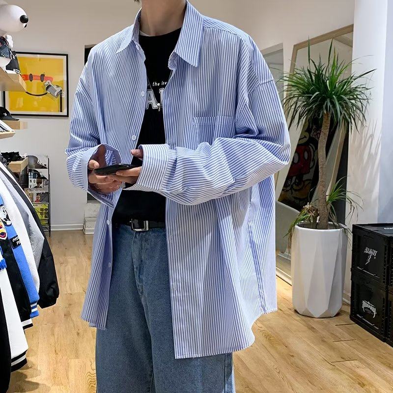 Striped long-sleeved shirt men's spring and autumn Japanese handsome shirt sun protection clothing loose thin shirt jacket