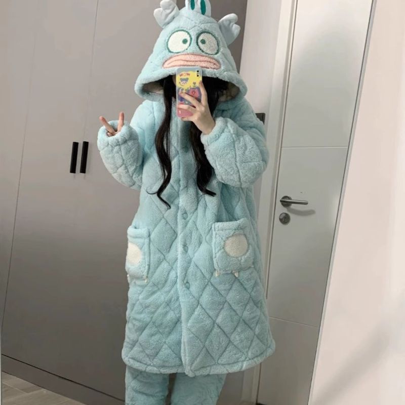 Coral velvet three-layer quilted pajamas women's hooded clownfish autumn and winter girls' thickened velvet home clothes set