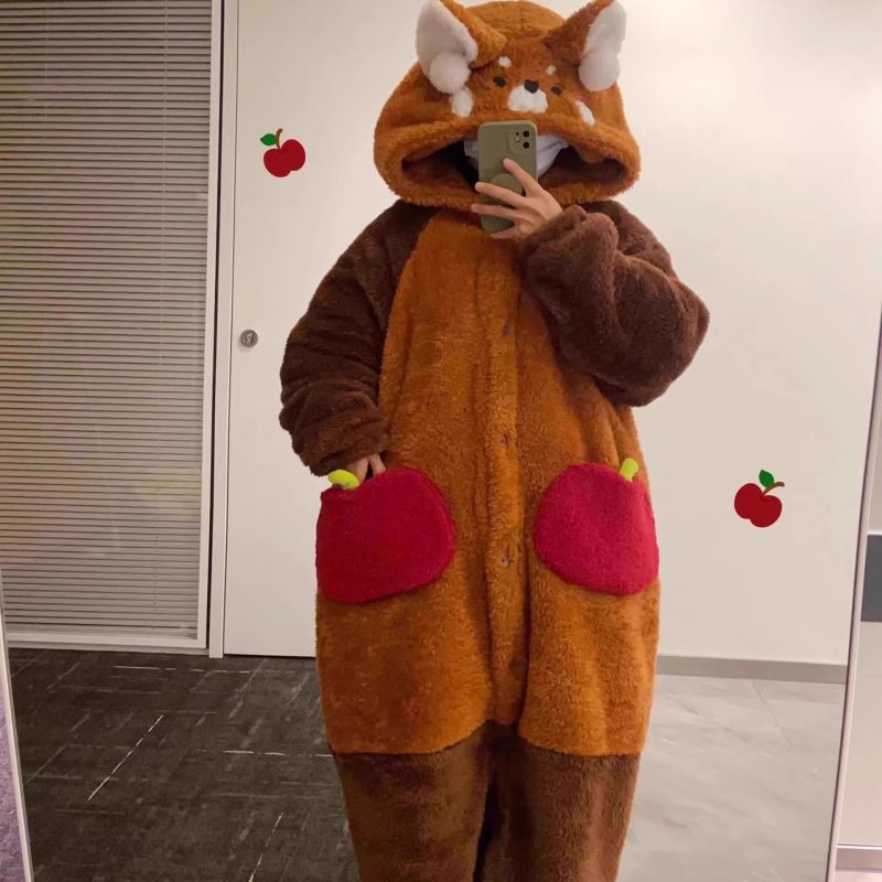 Autumn and winter little raccoon plush pajamas for women cartoon cute panda coral velvet one-piece pajamas mid-length