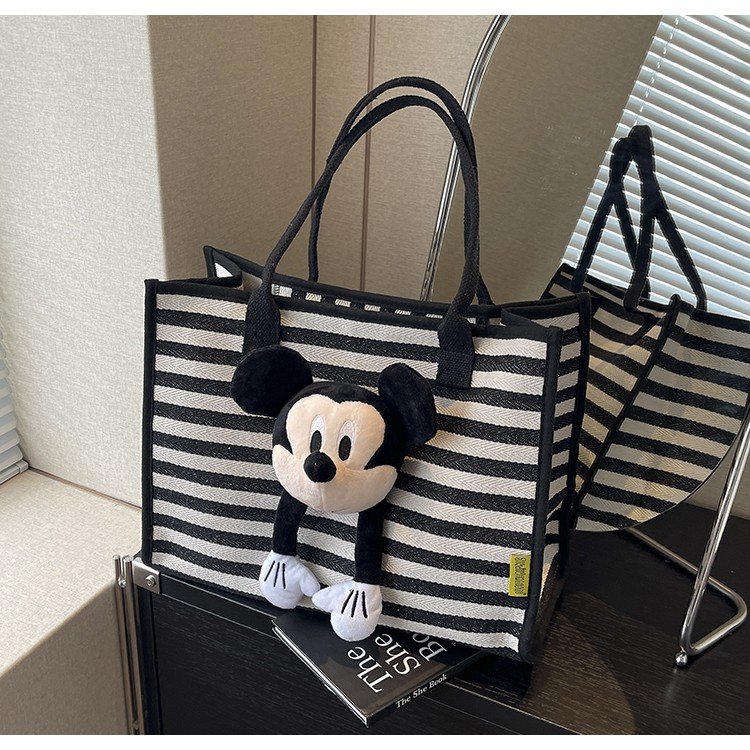 Large Capacity Striped Tote Women's Shoulder 2024 New Fashion Cute Cartoon Mickey Commuting Canvas Bag Going Out