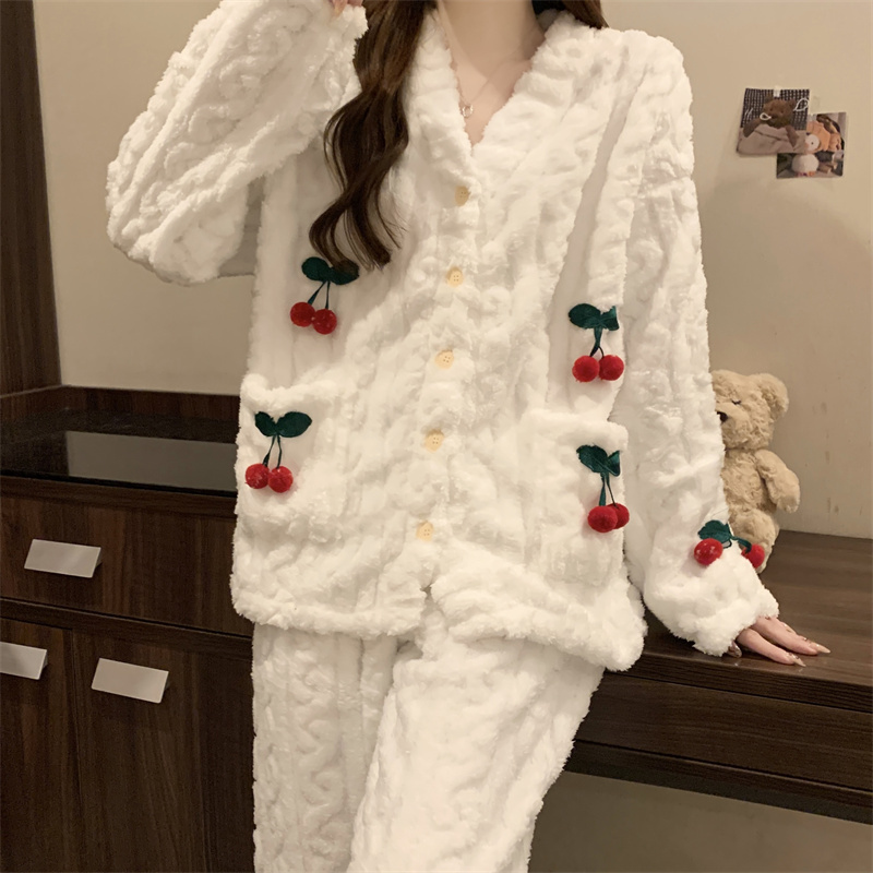 Winter coral velvet embossed jacquard cherry embroidered cardigan pajamas for women simple Korean version ins home wear