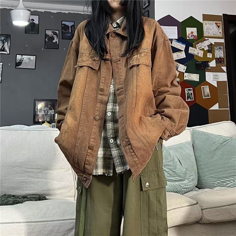 American retro denim jacket for men and women vintage washed and aged Japanese work jacket