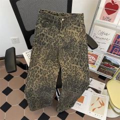American style leopard print jeans men's trendy straight trousers