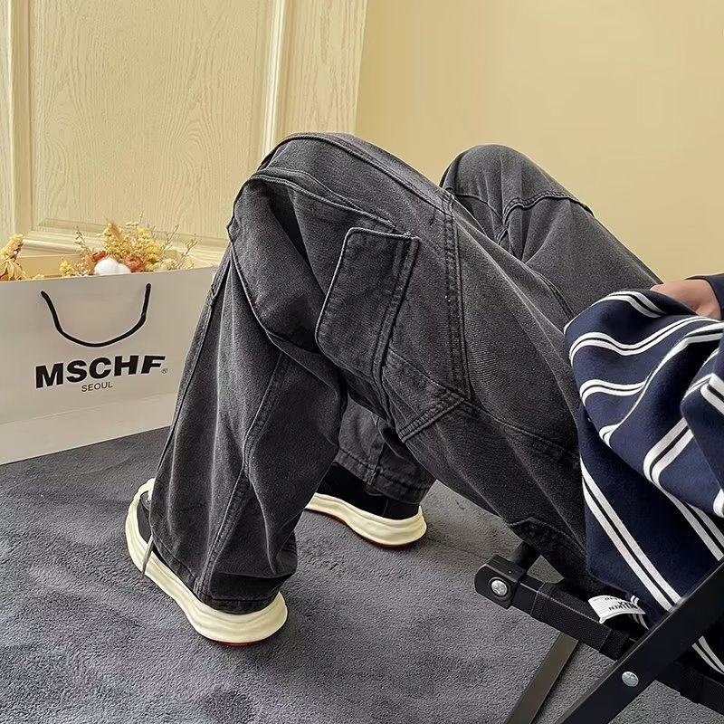 Japanese retro high street American casual bf loose trousers spring and autumn straight work jeans for men