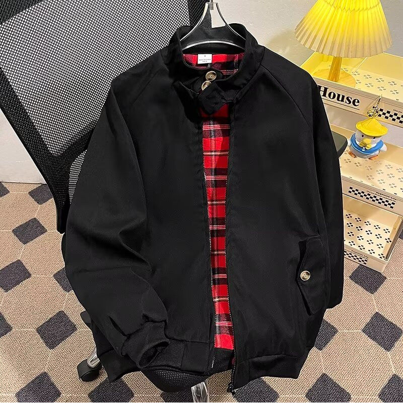Hong Kong Style Autumn Men's Stand Collar Jacket Plaid Lined Loose Casual Jacket