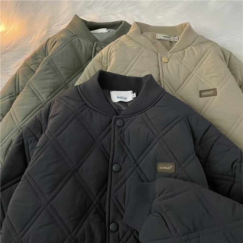 Winter diamond check warm cotton jacket men's baseball uniform retro cotton jacket