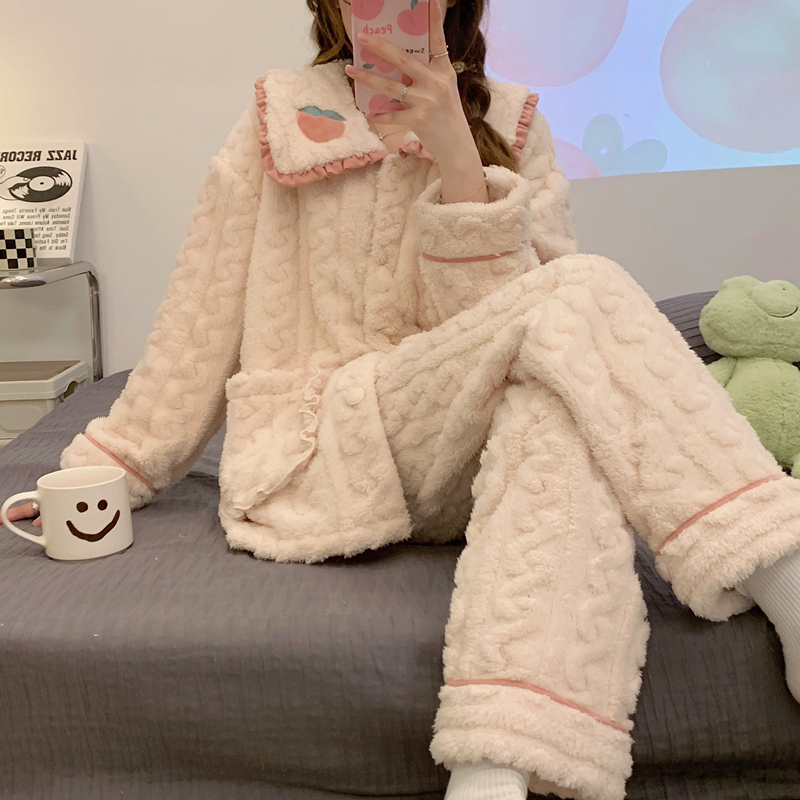 Thick pajamas for women in autumn and winter coral velvet warm students sweet flannel home clothes set