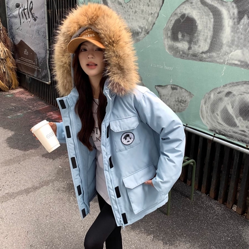 White Duck Down Blue Workwear Down Jacket Women Small New Style Parka Mid-Length Velcro Couple Jacket