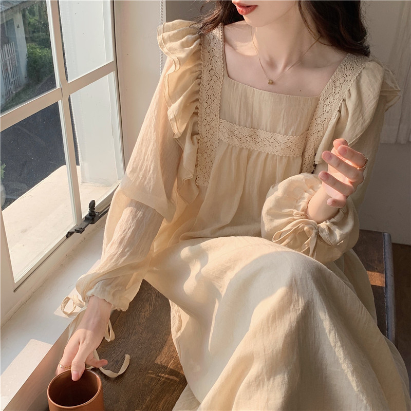 Long-sleeved nightgown for women spring and autumn new style sweet ruffle strap retro pajama skirt
