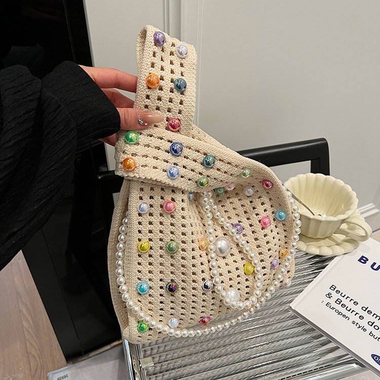 Summer Cute Pearl Chain Handbag Women's Crossbody Bag 2024 New Knitted Bag Shoulder Underarm Bag