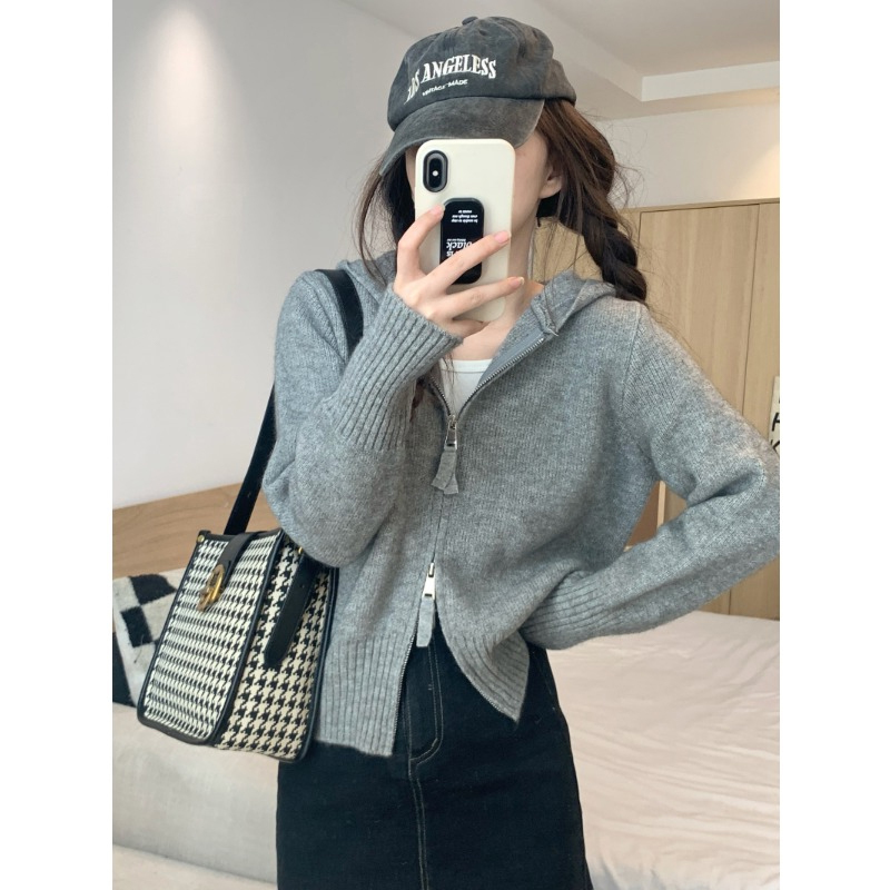 Zipper hooded knitted cardigan autumn and winter women's unique top super nice design niche sweater jacket