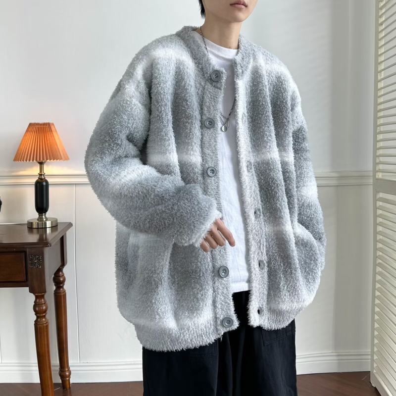 Knitted cardigan men's Korean style trendy color block striped high street handsome autumn and winter ins sweater