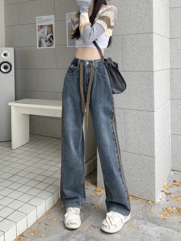 Fleece thickened jeans for women, straight leg, loose, high waist, slim, versatile, wide leg pants for small people, women's trousers