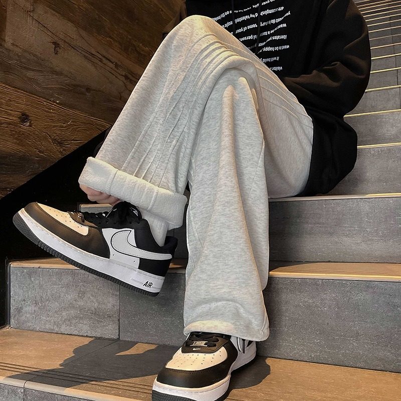 Heavy velvet casual sweatpants for men in autumn and winter American retro gray wide-leg pants for teenagers drapey sports pants