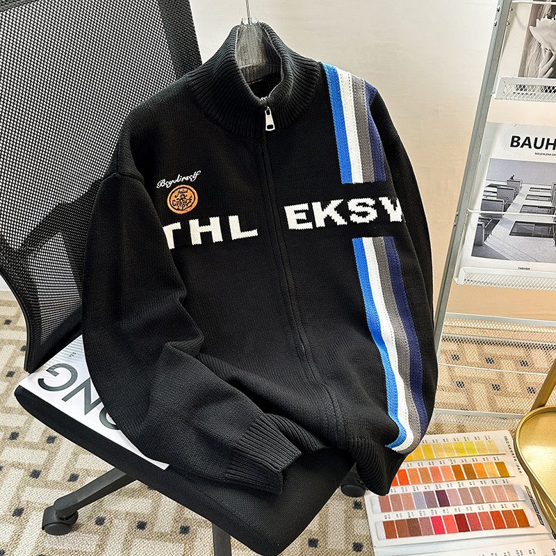 American High Street Sweater Men's Cardigan Women's Early Autumn and Winter Letter Embroidery Black Knit Top Premium Double Zipper Jacket