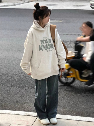Letter printed hooded white and gray sweatshirt for women in autumn 2024 new hot style loose student lazy style jacket