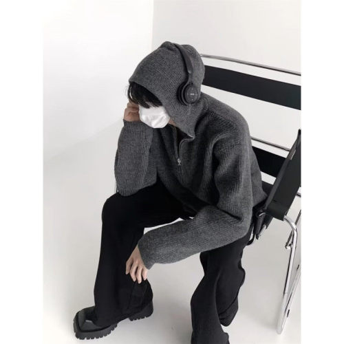 Niche half-zip hooded sweater men's solid color lazy high-end autumn and winter knitted cardigan jacket