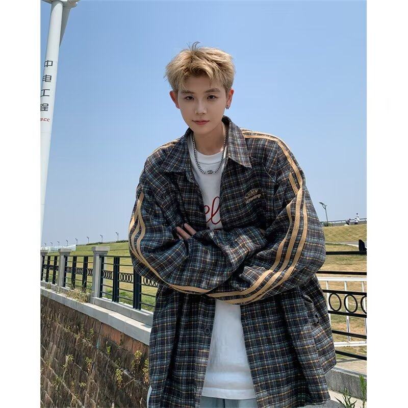 Early autumn national fashion brand couple three-stripe plaid shirt loose plaid shirt jacket for men and women