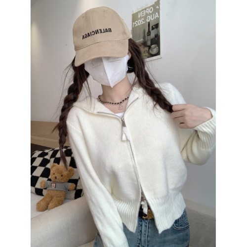Zipper hooded knitted cardigan autumn and winter women's unique top super nice design niche sweater jacket
