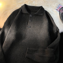 Autumn and winter polo collar sweater men's loose trendy Hong Kong style long-sleeved solid color lapel sweater jacket