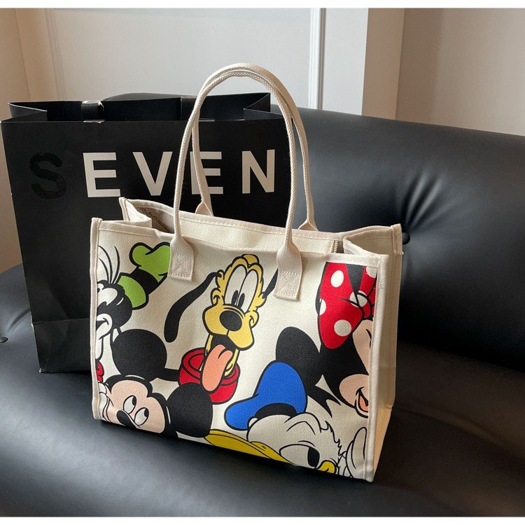 Commuting Canvas Bag Women's Summer Large Capacity Bag 2024 New Cartoon Animation Handheld Travel Shoulder Tote Bag